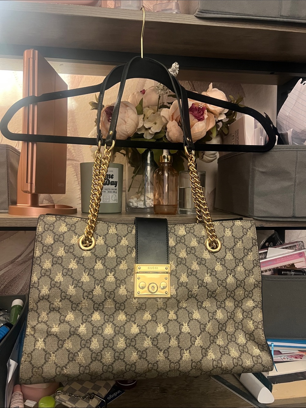 Gucci Beige GG Monogram Chain Shoulder Bag with Gold Hardware